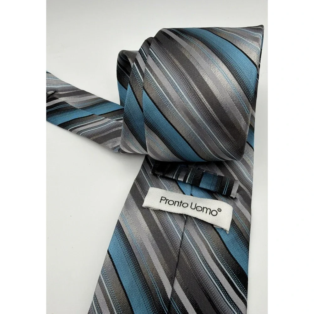 Pronto Uomo Mens Silk Tie Blue Silver Black Diagonal Striped Hand Made Necktie